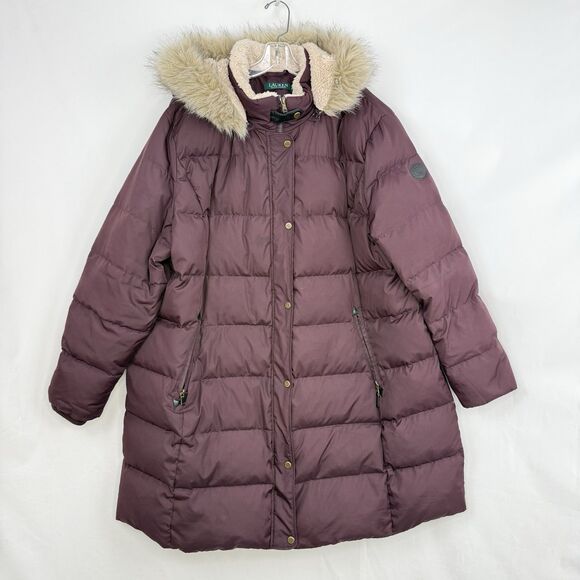 Ralph Lauren women's Faux-Fur-Trim Hooded Down Puffer Coat Burgundy Plus Size 3X - Picture 6 of 16